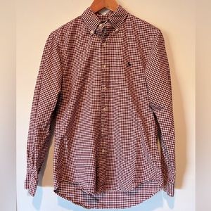 Ralph Lauren button down men’s size small custom fit. Dark red/Burgundy & white